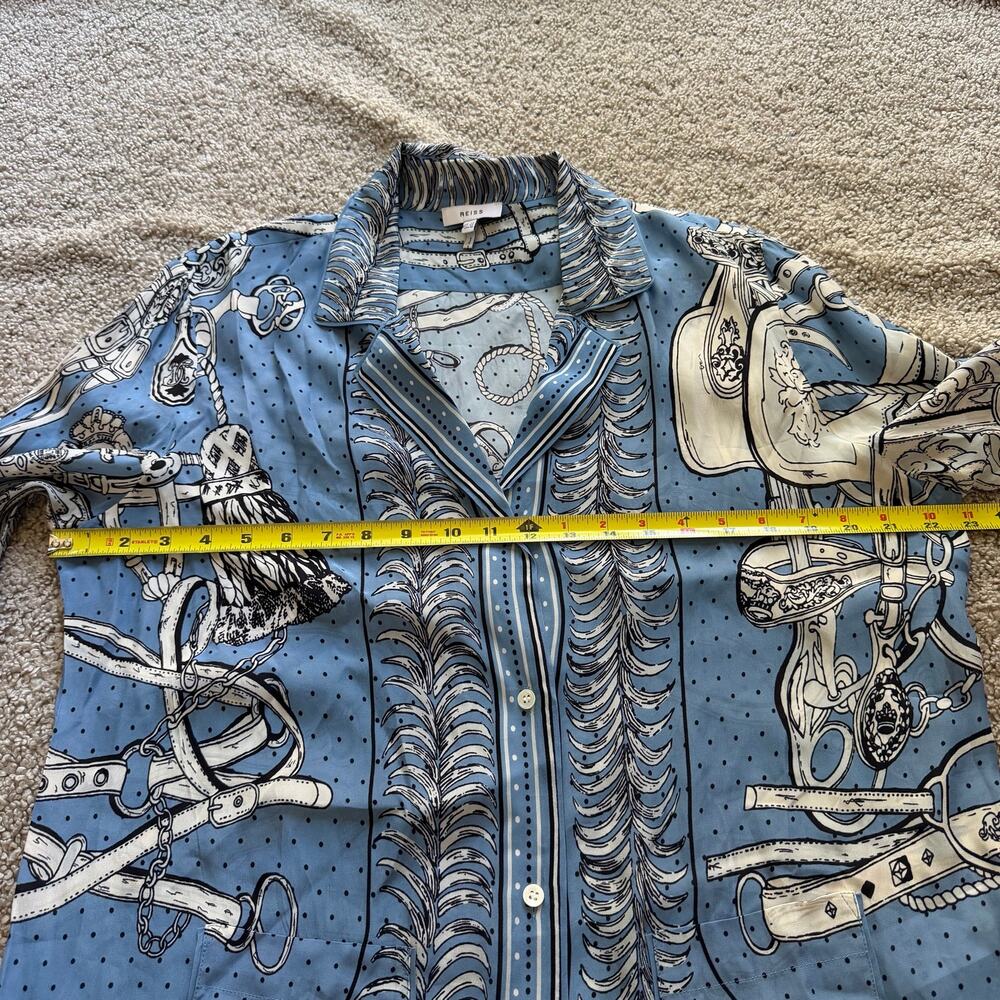 REISS Women’s Sally Printed Cuban Collar Blouse Blue Equestrian Sz US 10 ALTERED - Picture 9 of 10